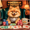 Pom's Bet & Bark metal print showcasing a cheerful Pomeranian dog at a poker table with dog-themed poker chips, whimsical playing cards, and a custom brew mug