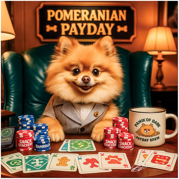 Pom's Bet & Bark metal print showcasing a cheerful Pomeranian dog at a poker table with dog-themed poker chips, whimsical playing cards, and a custom brew mug
