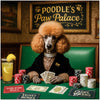 Poodle's Paw Palace metal print depicting an elegant poodle playing poker surrounded by vintage cards, chips, and a refreshing drink