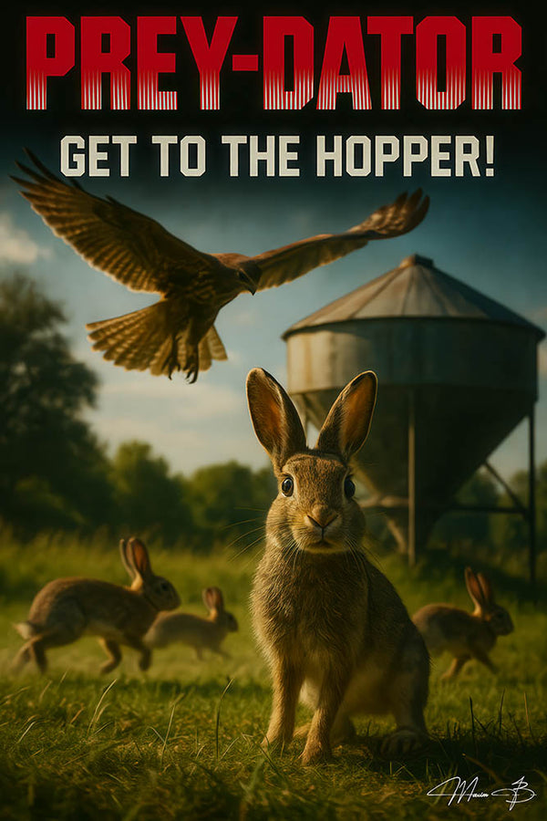 Funny bunny artwork titled Prey-dator with hawk chasing rabbit near farm hopper
