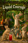 Three rabbits celebrating in a garden with cocktails, gnomes, string lights, and one bunny making a toast from a watering can in a whimsical backyard bar scene