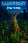 Funny bunny invasion in garden at night with shadowy farmer artwork titled Rabbitgeist - They're hare