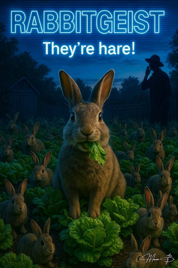 Funny bunny invasion in garden at night with shadowy farmer artwork titled Rabbitgeist - They're hare
