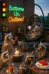 Raccoons partying on a rooftop patio with neon Bottoms Up Critters sign, fire pits, tiki drinks, and snacks – funny and detailed metal artwork