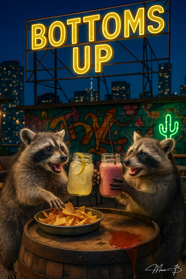 Raccoon raising a drink under a neon Bottoms Up sign on a rooftop – whimsical and humorous metal artwork with urban party vibes