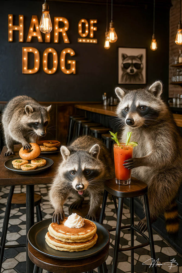 Three raccoons at a café counter with pancakes, bagels, and a Bloody Mary under a lit Hair Of The Dog sign – funny brunch-themed metal artwork