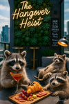 Three raccoons on a rooftop with a cocktail and charcuterie board under neon sign reading The Hangover Heist – funny and detailed metal artwork
