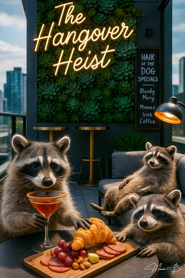 Three raccoons on a rooftop with a cocktail and charcuterie board under neon sign reading The Hangover Heist – funny and detailed metal artwork