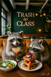 Two raccoons enjoying brunch at an upscale café with cocktail, salad, and French toast under Trash to Class sign – humorous and refined raccoon artwork