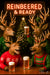 Four deer in holiday sweaters raising frothy beer mugs beneath a neon “Reinbeered & Ready” sign in a festive bar setting