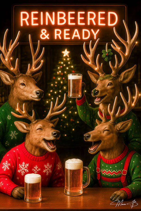 Four deer in holiday sweaters raising frothy beer mugs beneath a neon “Reinbeered & Ready” sign in a festive bar setting