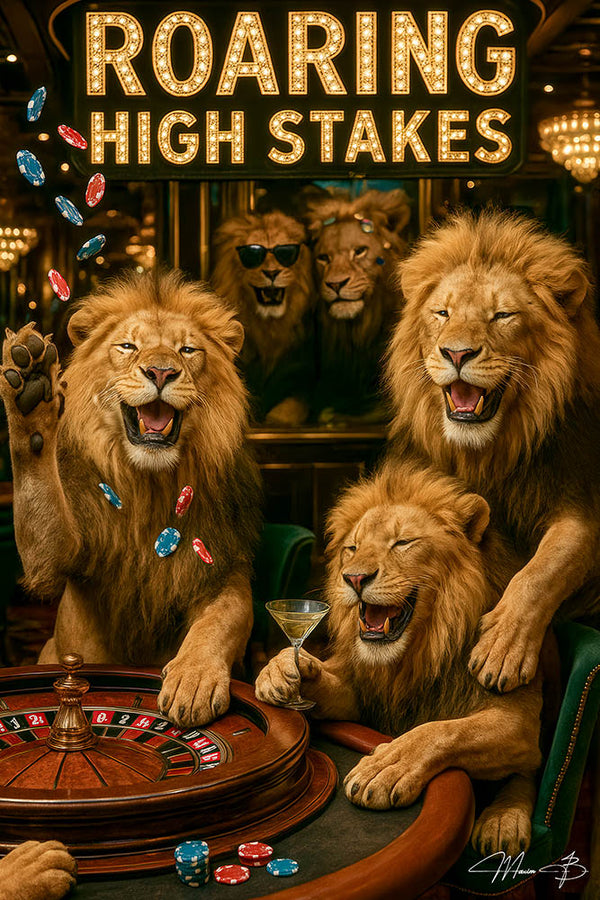 Three lions playing roulette at a luxurious casino table under a glowing “Roaring High Stakes” sign, one tossing chips, another holding a martini, with a mirrored backdrop showing two more lions