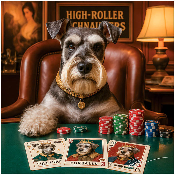 schnauzer in lounge chair behind towering poker chip stacks and custom Full House Furballs and 10 Club cards