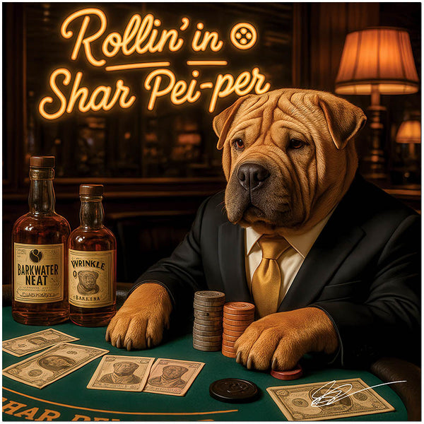 Shar Pei in suit at poker table with stacks of gray and copper poker chips and whiskey bottles under a neon Rollin’ in the Shar Pei-per sign