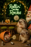 Three hedgehogs celebrating at a rustic bar with a whiskey on the rocks and dandelion puffs under a neon “Rollin’ on the Rocks” sign with a garden gnome nearby