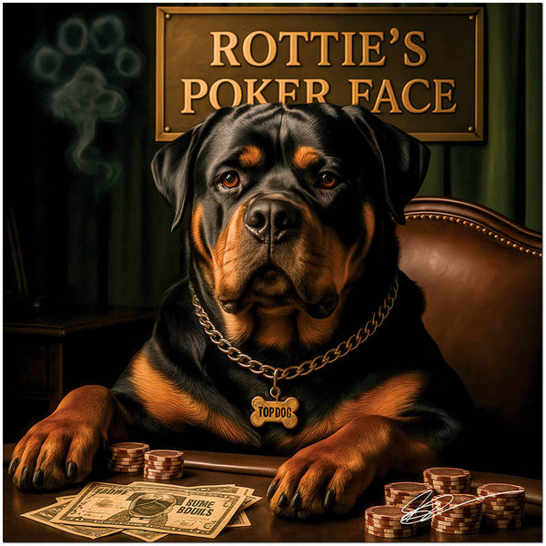 Rottie's Poker Face metal print featuring a confident Rottweiler at a poker table with chips and canine currency