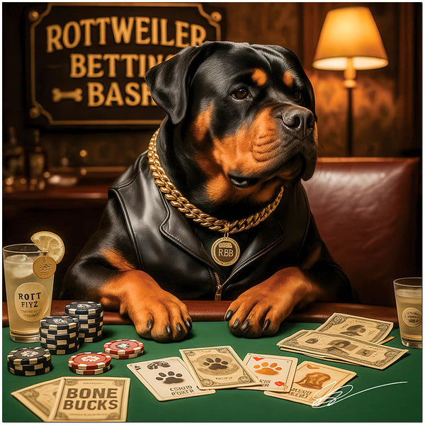 Rottweiler Betting Bash metal print depicting a stylish Rottweiler in leather jacket and gold chain at a casino poker table