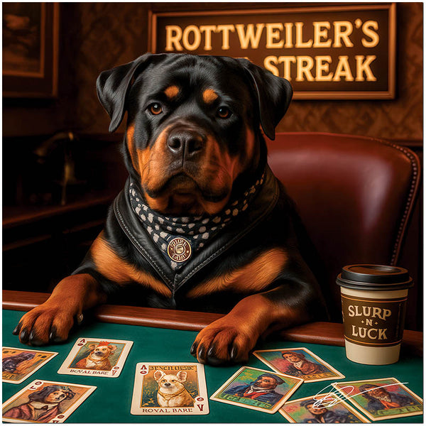 Rottweiler's Lucky Streak metal print showcasing a confident Rottweiler playing poker with cards and a whimsical coffee cup