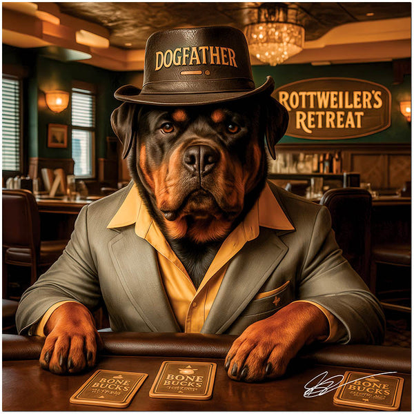 Rottweiler's Retreat metal print featuring a confident Rottweiler wearing a Dogfather hat in a luxurious lounge setting