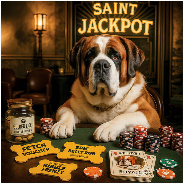 Saint Bernard at casino table with humorous dog-themed poker accessories titled Saint Jackpot