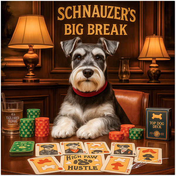 schnauzer at lounge table with Tailored Tonic cocktail, poker chips, Top Dog Deck box and High Paw Hustle cards