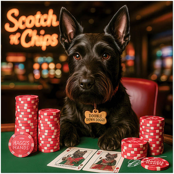 scottish terrier at poker table with red chip stacks and neon scotch n chips sign