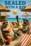 Three seals wearing sunglasses lounging on striped beach chairs under straw umbrellas, each holding a tropical cocktail with beach ball and ocean waves behind
