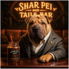 shar pei in tweed jacket at bar countertop with mason jar of brew and neon Shar Pei and Tails Bar sign