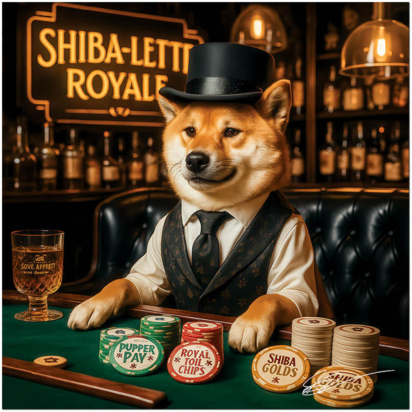 shiba inu in top hat and vest at poker table with stacks of Pupper Pay Royal Toil Chips and Shiba Golds and Sove Appetit cocktail under neon Shiba-lette Royale sign