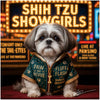 shih tzu in sparkly jacket under neon Shih Tzu Showgirls sign on stage