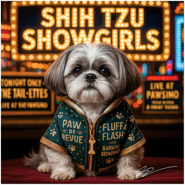 shih tzu in sparkly jacket under neon Shih Tzu Showgirls sign on stage
