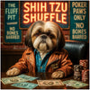 leather-jacketed shih tzu at neon-lit bar booth with stacks of Sniff Stacks and Fluff Coins poker chips and custom dog bills
