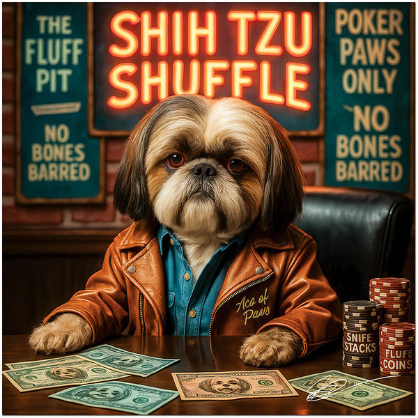 leather-jacketed shih tzu at neon-lit bar booth with stacks of Sniff Stacks and Fluff Coins poker chips and custom dog bills