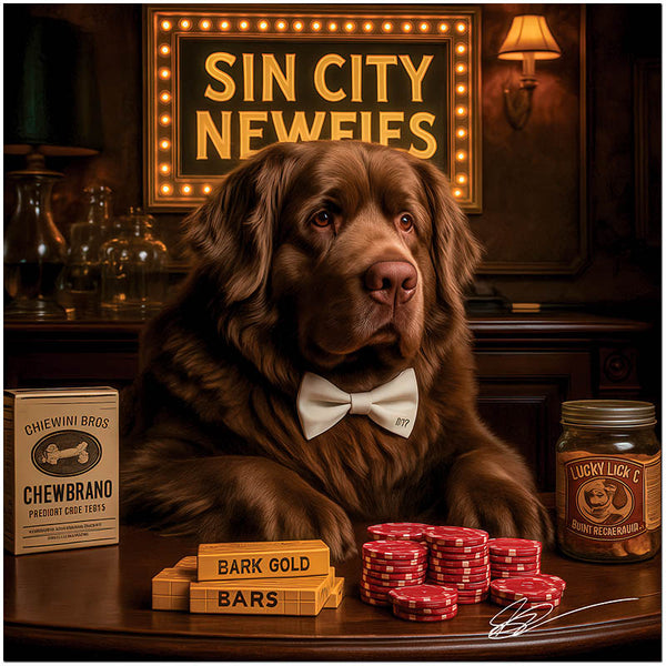 Newfoundland dog artwork titled Sin City Newfies on metal print showcasing a luxurious casino poker scene