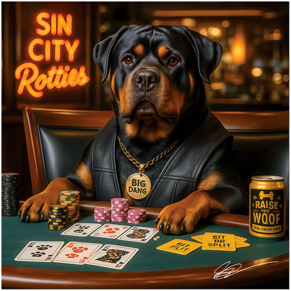 Sin City Rotties metal print featuring a sophisticated Rottweiler playing blackjack surrounded by poker chips and dog-themed cards