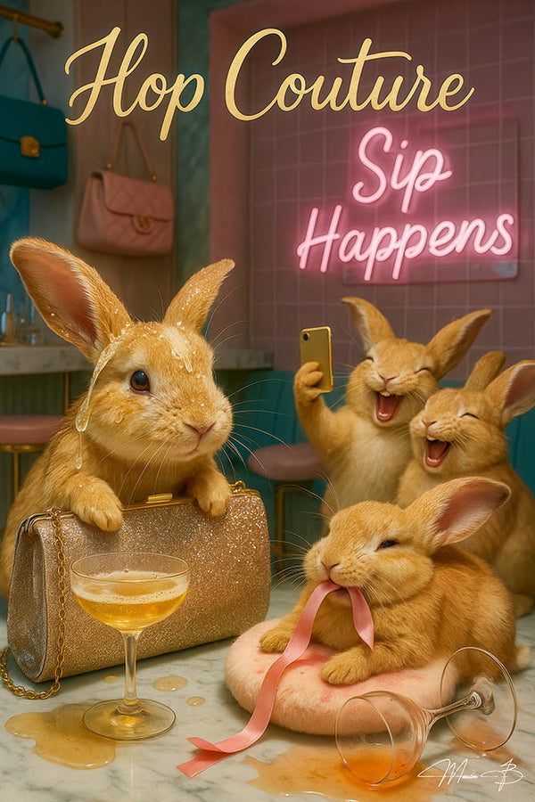 Rabbits in a glamorous marble bar under neon “Sip Happens” sign, one holding a cocktail and clutch, one tangled in ribbon, and two taking a selfie