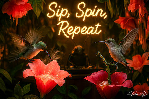 Two hummingbirds drinking nectar cocktails from flower-shaped glasses beneath a neon Sip Spin Repeat sign