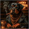 Smoky Rottweiler Spot metal print featuring a cool Rottweiler smoking a cigar in leather jacket at a classic bar