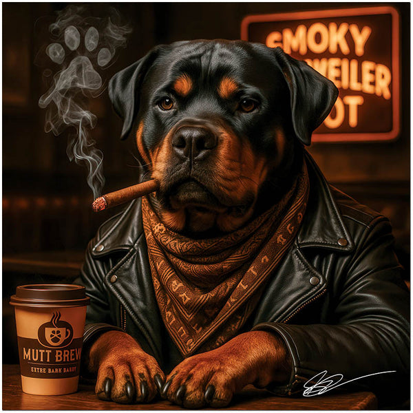Smoky Rottweiler Spot metal print featuring a cool Rottweiler smoking a cigar in leather jacket at a classic bar
