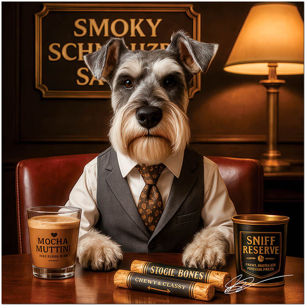 schnauzer in vest and tie at grooming salon desk with mocha cocktail glass and cigar-style dog treats