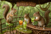 Three squirrels mixing cocktails at a forest bar under a wooden sign that reads “Acorn to be Wild”