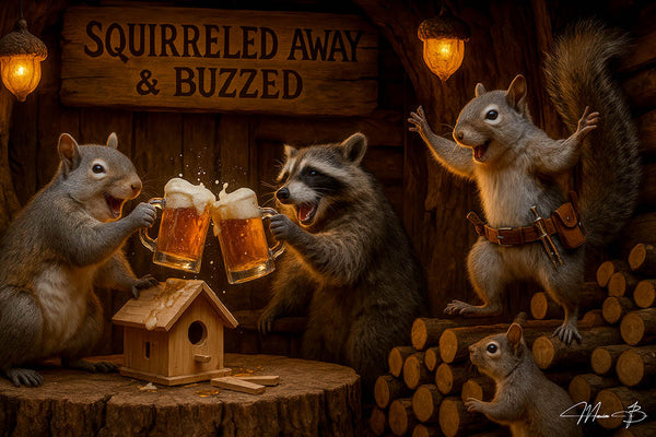 Squirrels and a raccoon toasting frothy beer mugs over a half-finished birdhouse inside a log cabin workshop with stacked logs and acorn lanterns