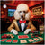 Stylish Croupiers metal print of a poodle in a gold tuxedo at a poker table with vintage cards, chips, and a cocktail