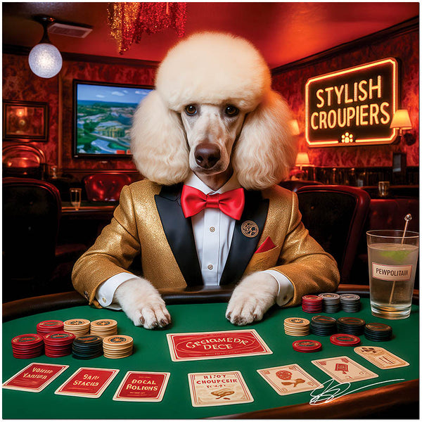 Stylish Croupiers metal print of a poodle in a gold tuxedo at a poker table with vintage cards, chips, and a cocktail