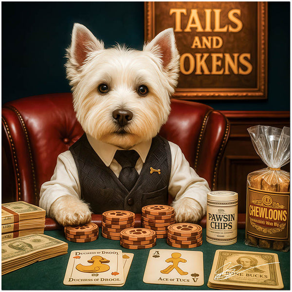 west highland terrier in vest and tie at poker table with patterned chip stacks bone bucks and snack bag under a Tails and Tokens sign