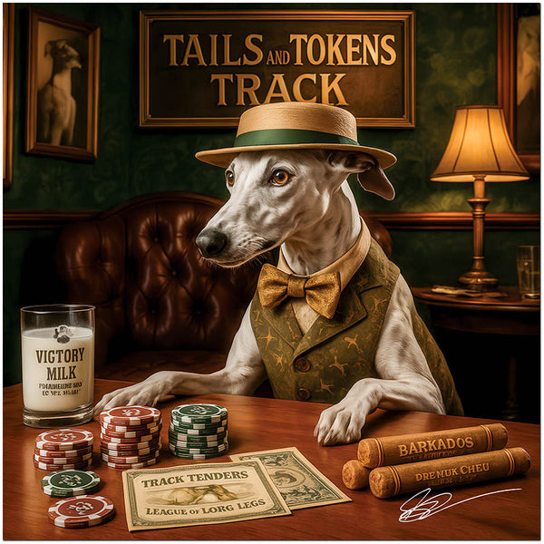 whippet wearing boater hat and bowtie at casino track table with chips cigars and Victory Milk