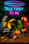 3 parrots at a tiki bar under a neon “Talk Tipsy to Me” sign as a toucan topples a passion-fruit cocktail and three macaws laugh, with lime wedges and tiki carvings on the counter