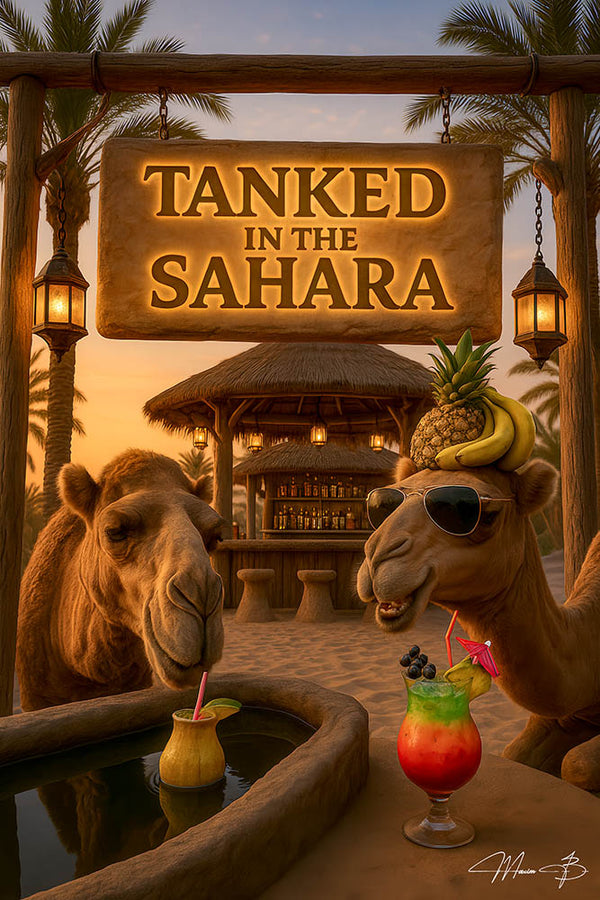 Camels sipping tropical cocktails at a humorous desert bar titled Tanked in the Sahara