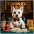west highland terrier in bow tie at poker table with stacks of chips whiskey bottle and Golden Paw Deck under a Terrier-ific Tables sign