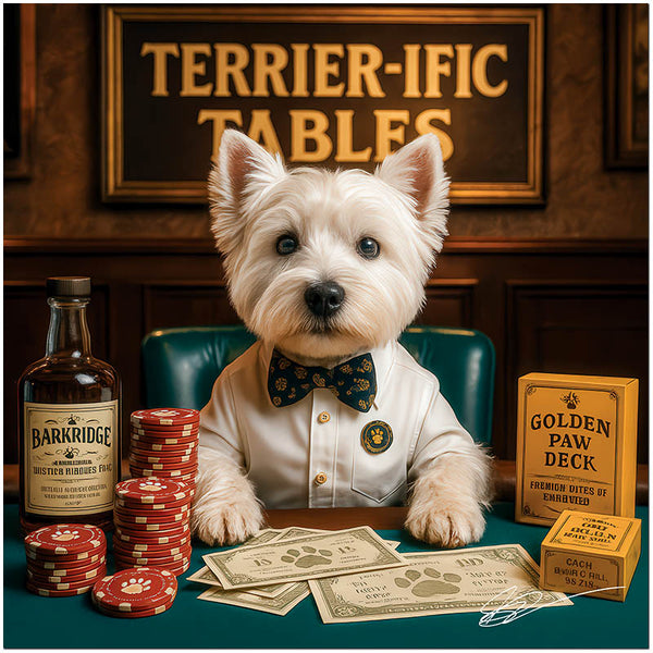 west highland terrier in bow tie at poker table with stacks of chips whiskey bottle and Golden Paw Deck under a Terrier-ific Tables sign